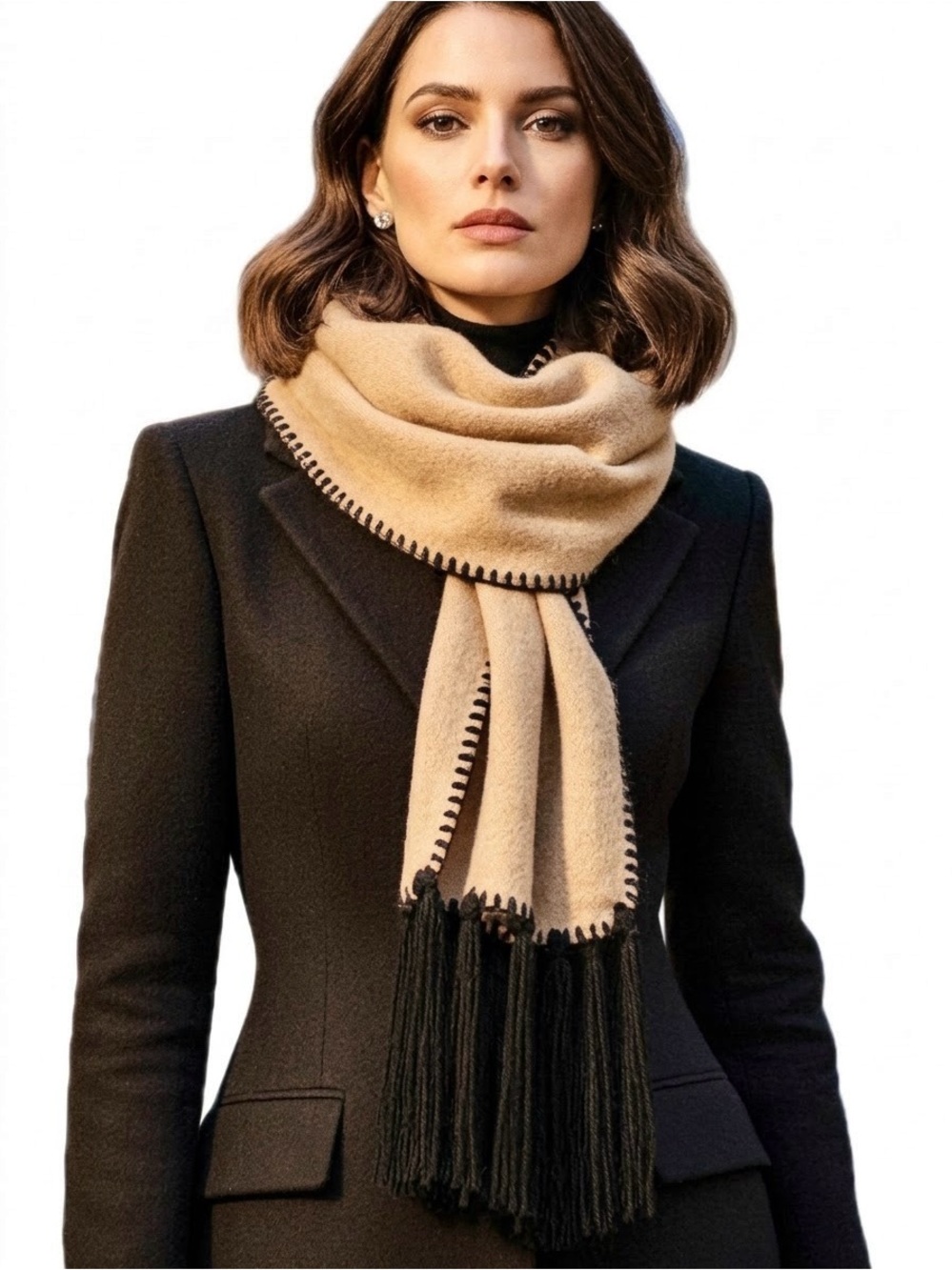 Vince Camuto Camel scarf with Black decorative Stitch & Fringe Wrap Cozy NWT